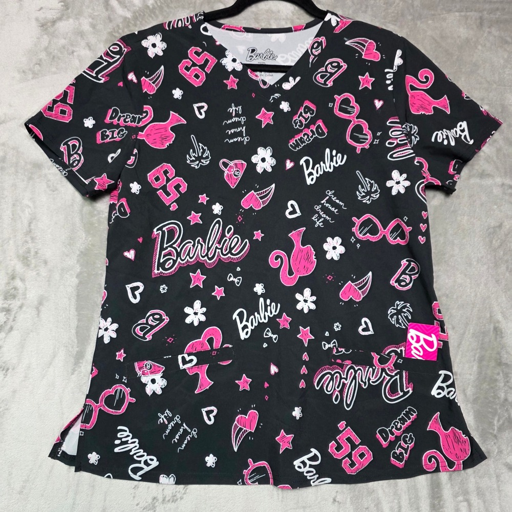Barbie Isaac Morris LTD Women Black Pink V-Neck Scrub Top Print 1BL054EWNWE M